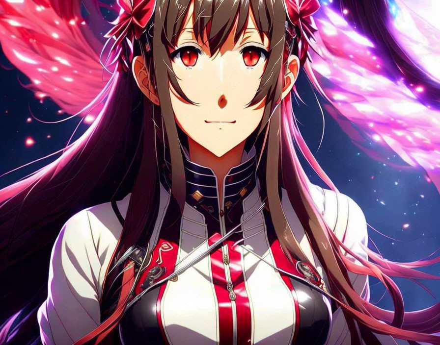 Dark-haired anime girl with red eyes and pink highlights in white and dark outfit on starry background