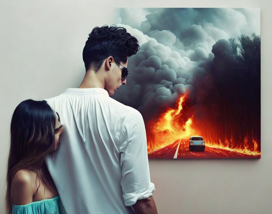 Man and woman viewing painting of car on fire on road