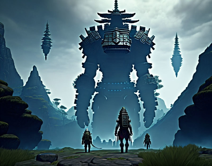 Three armored figures near mystical floating structure in surreal landscape