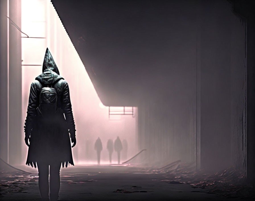 Hooded figure in foggy alley faces bright light with silhouettes.