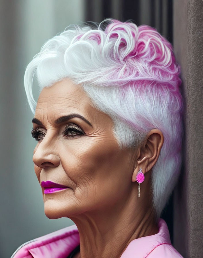 Stylish elderly woman with white and pink hair in pink jacket and purple lipstick