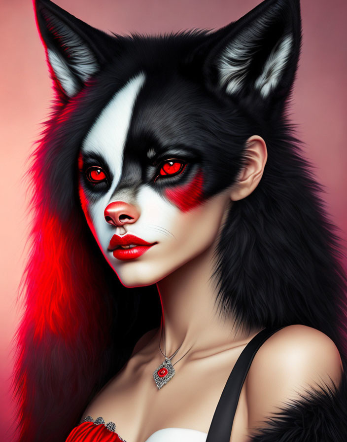 Digital artwork: Woman with black & white wolf fur, red eyes, face paint