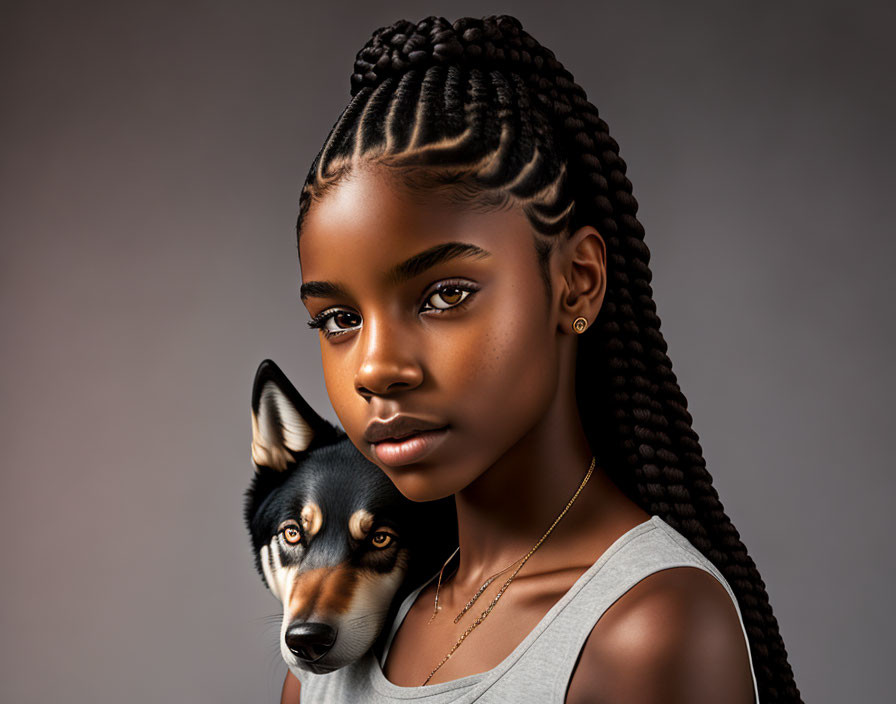 Braided hair girl and tricolor dog pose together on grey background