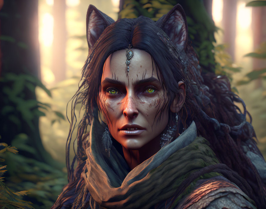 Digital portrait of female character with feline features and tribal face paint in forest setting