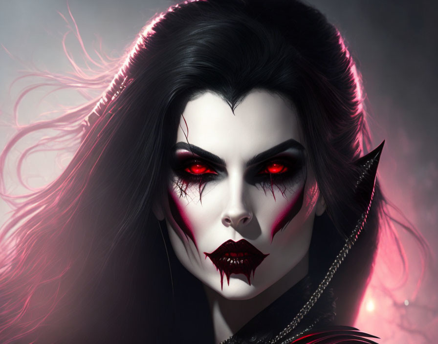 Female vampire digital art: red-eyed, fanged, with dark allure