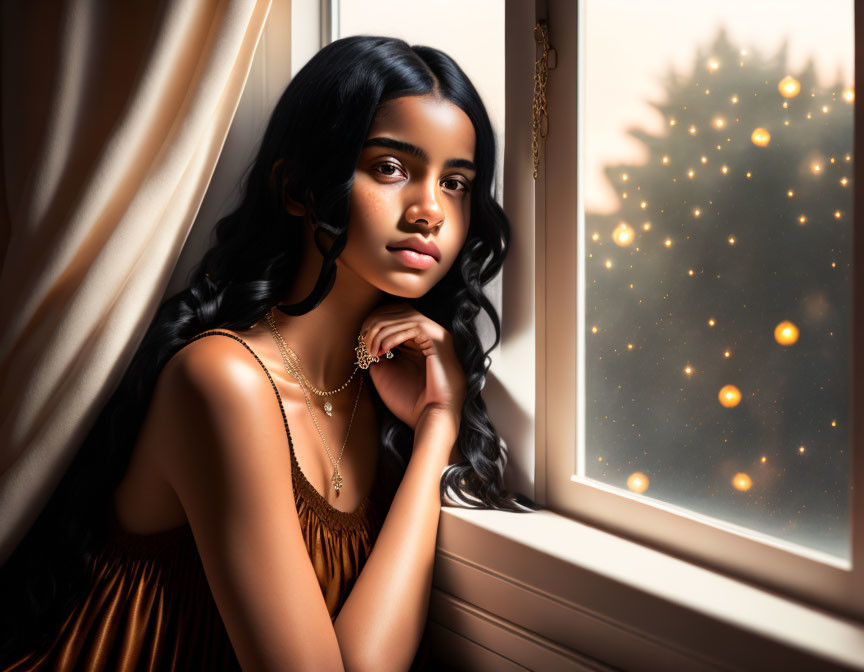 Young woman with dark hair looking out window beside festive tree