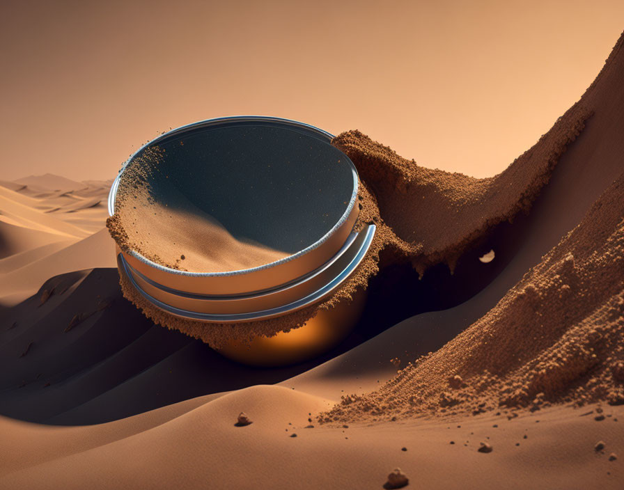 Circular futuristic structure in sand dunes under orange sky