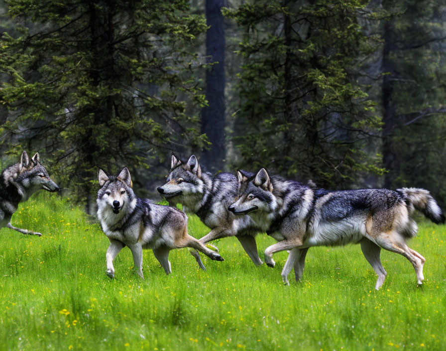 Four wolves in lush green forest meadow with yellow wildflowers