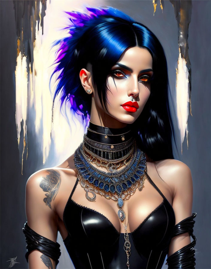 Stylized illustration of woman with blue-black hair, red lips, tattoo, black outfit, and