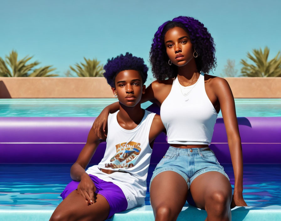 Two individuals with purple hair and graphic tee by a pool in denim attire.