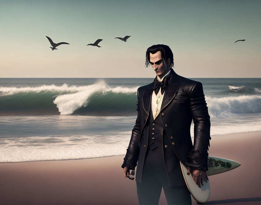 Stylish man in formal attire with surfboard on beach at sunset