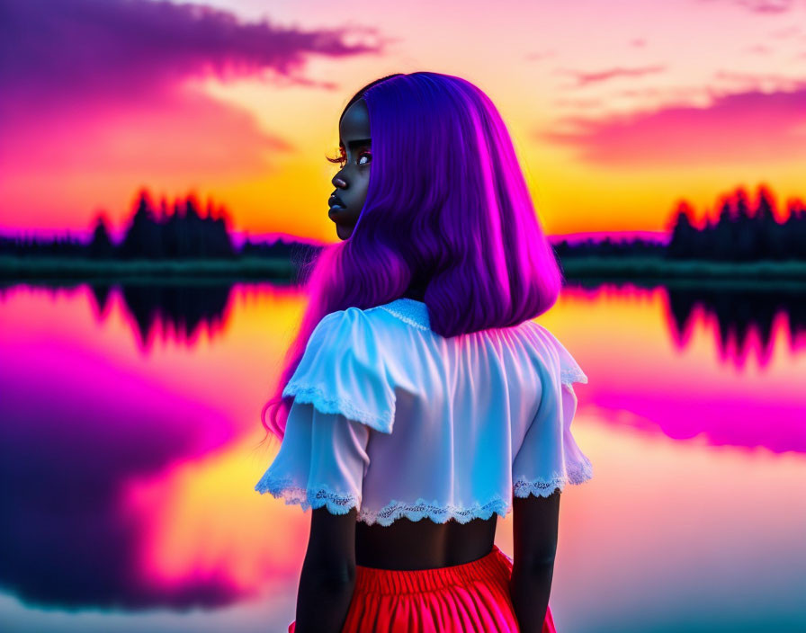 Purple-Haired Woman Silhouetted Against Vibrant Sunset Reflections