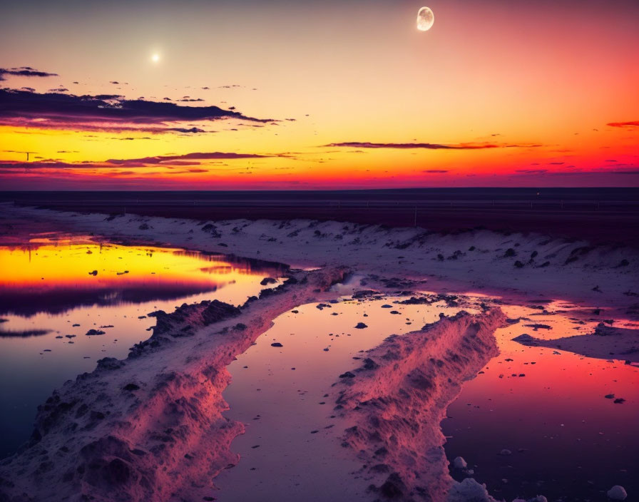 Tranquil twilight sky over reflective water with silhouetted dunes