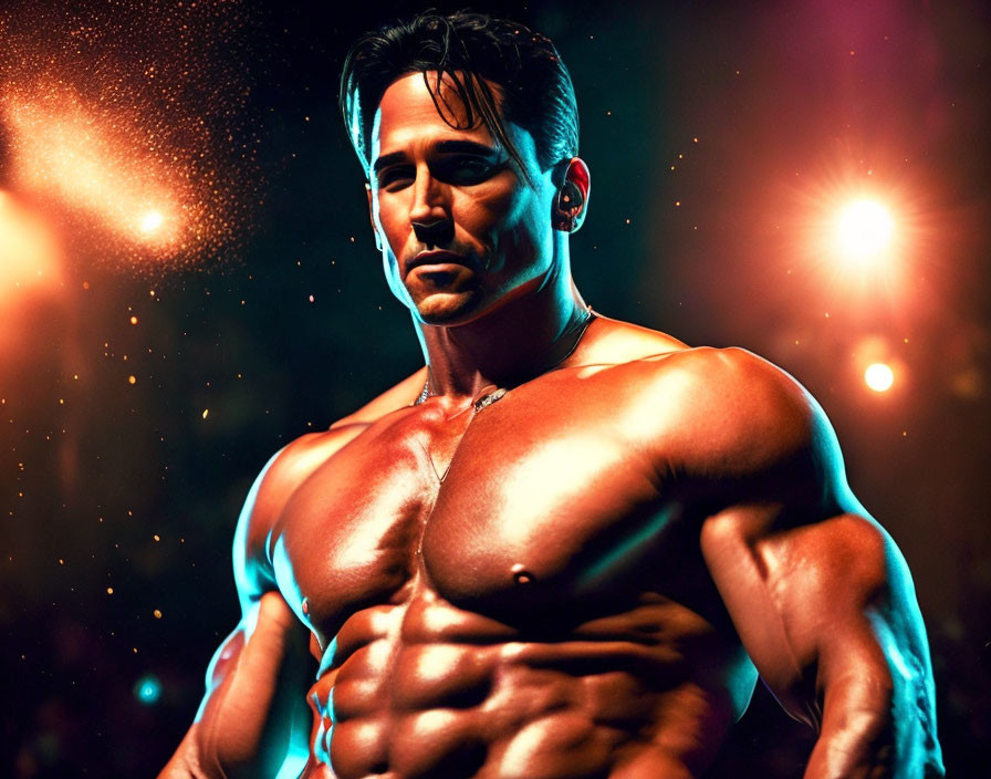 Muscular Person Glowing in Warm Light, Defined Physique & Glistening Sweat