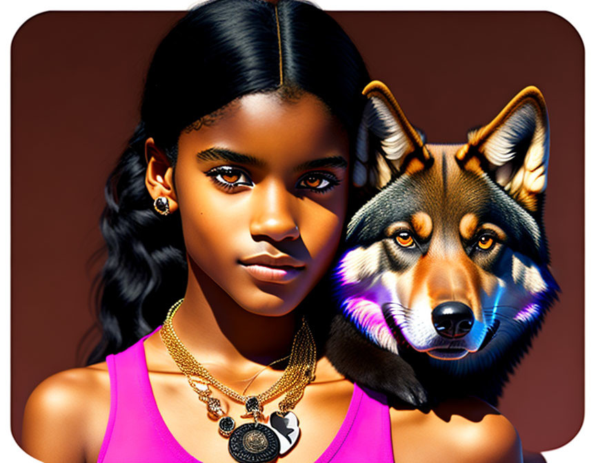 Dark-haired girl and colorful wolf next to each other under warm light