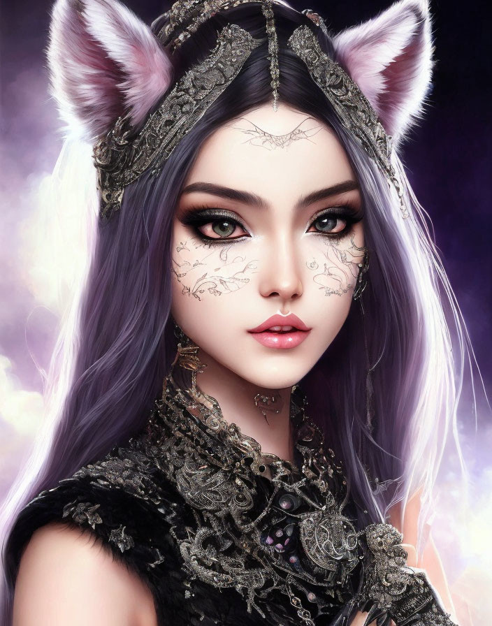 Digital art portrait of woman with cat ears, purple hair, intricate markings, and ornate attire on