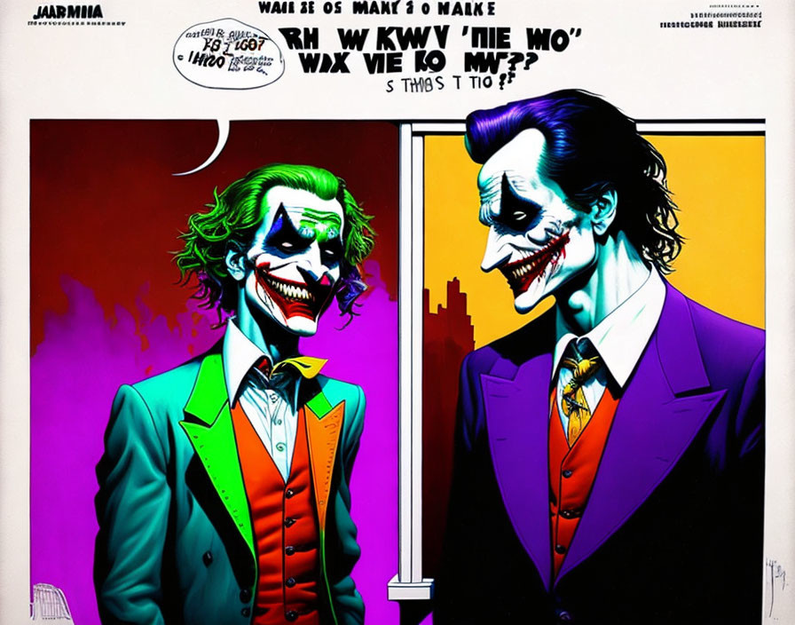 Two contrasting styles of the Joker portrayed in art piece.