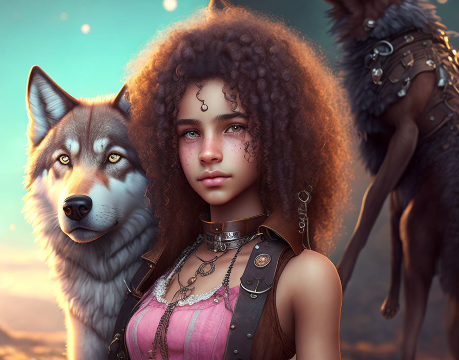 Digital Artwork: Girl with Curly Hair and Wolf in Fantasy Attire