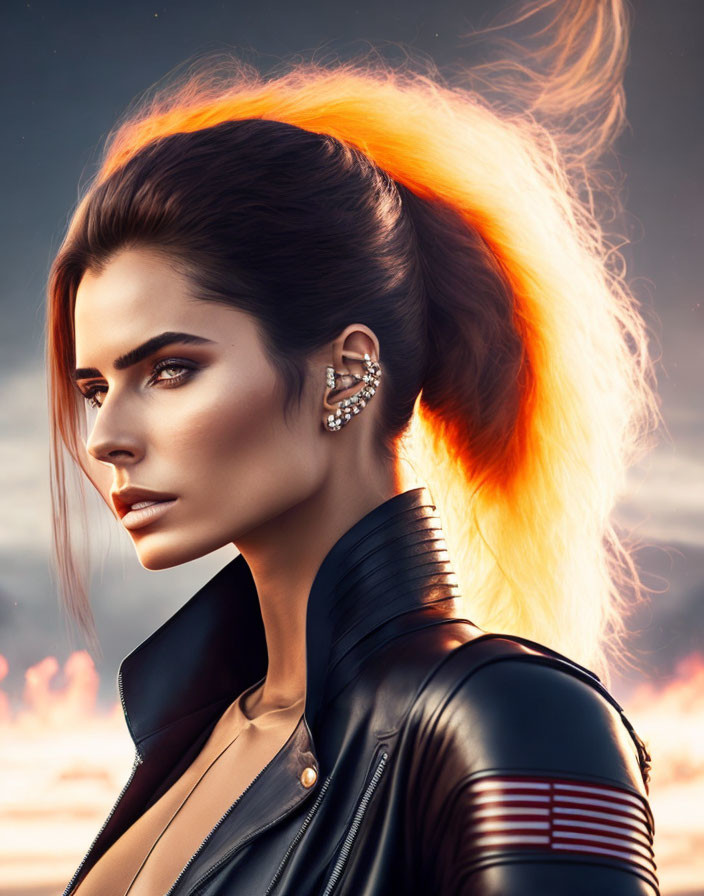 Woman with Orange Ponytail in Black Leather Jacket on Fiery Background