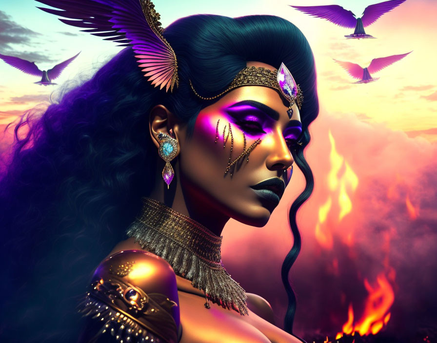 Digital artwork of woman with Egyptian-inspired makeup and headdress against sunset sky.