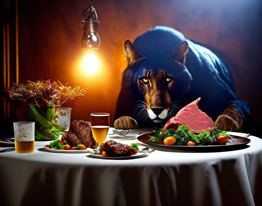 Majestic lion with a mane at dining table eyeing meat plate