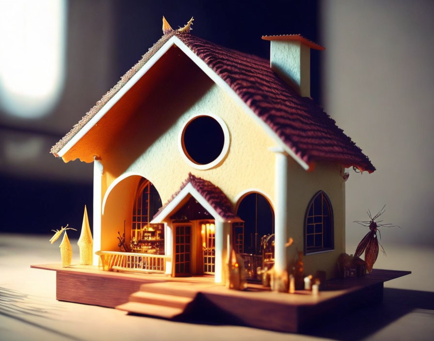 Detailed Miniature House Model with Illuminated Interiors and Decorations