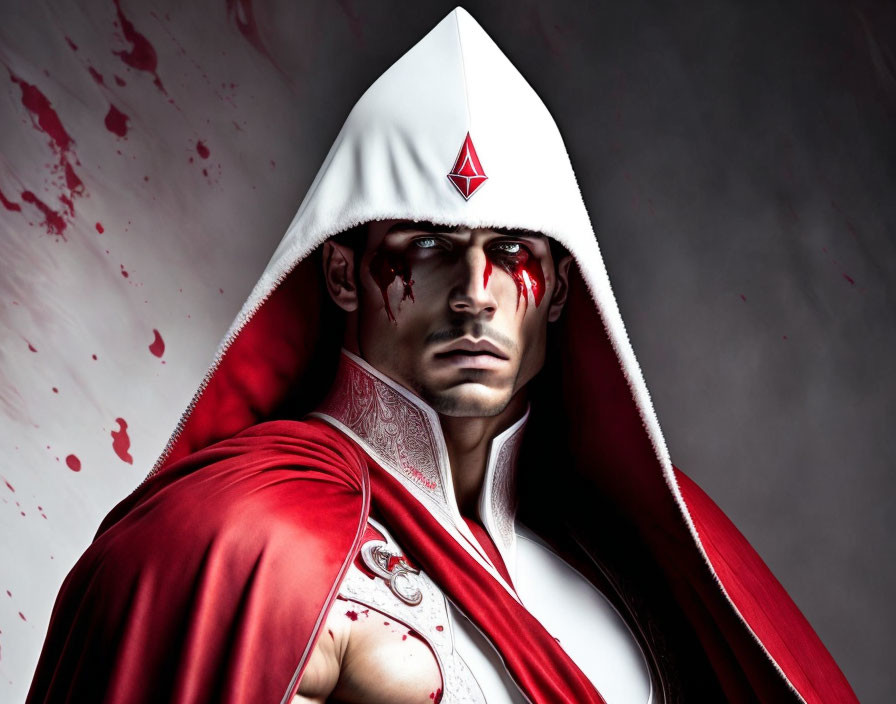 Man in White Hood with Red Assassin's Creed Insignia and Blood Splatter