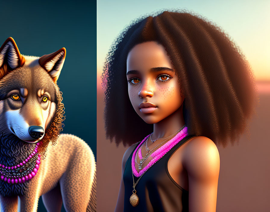 Digital illustration split: Realistic wolf & stylized girl on warm gradient.