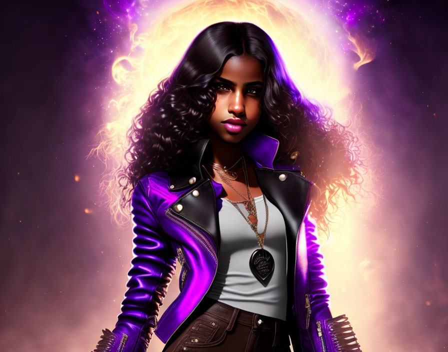 Curly-Haired Woman in Purple Leather Jacket with Fiery Galaxy Aura