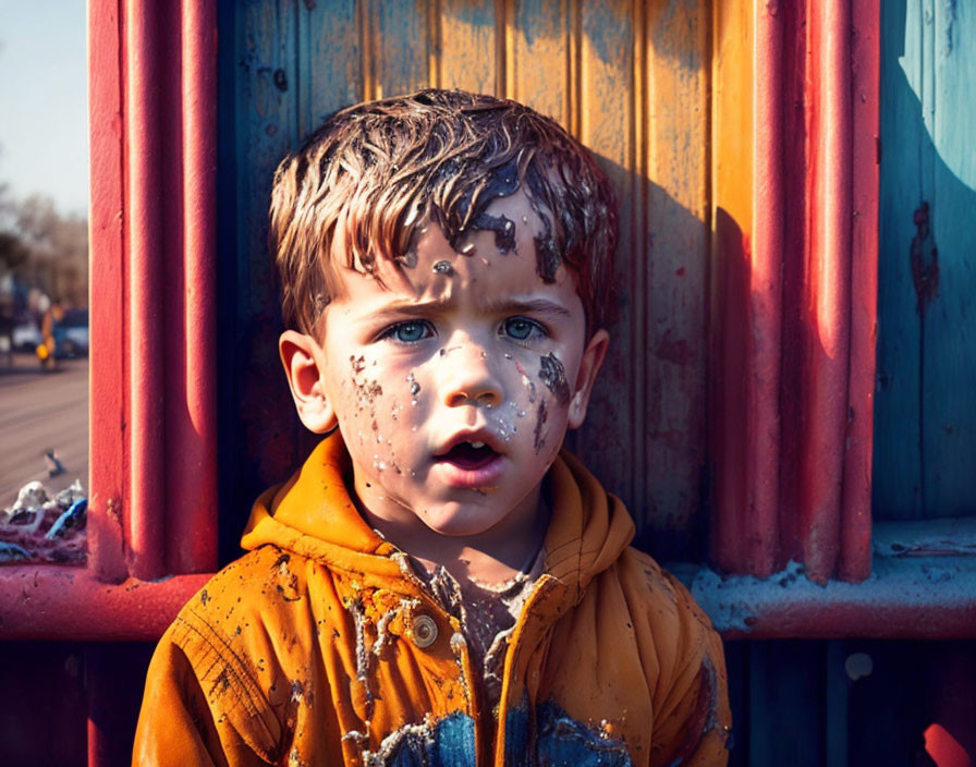 Pensive young boy in dirty face with messy hair, wearing yellow-orange jacket against colorful industrial backdrop