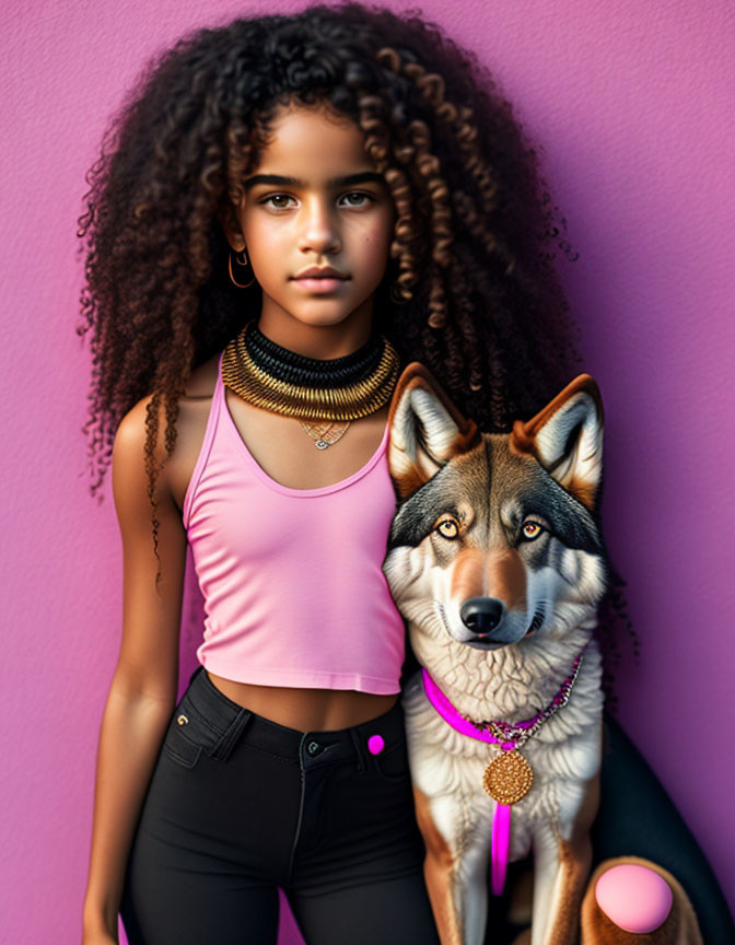 Young girl with curly hair and pink top standing next to wolf-like dog on purple background