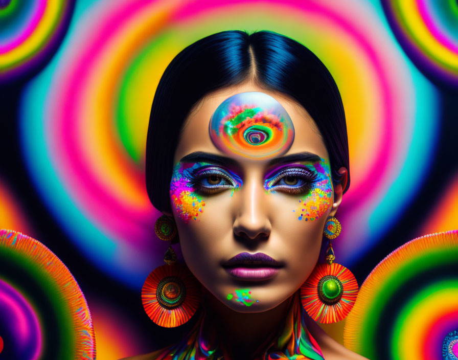 Colorful Psychedelic Makeup Portrait with Swirling Patterns