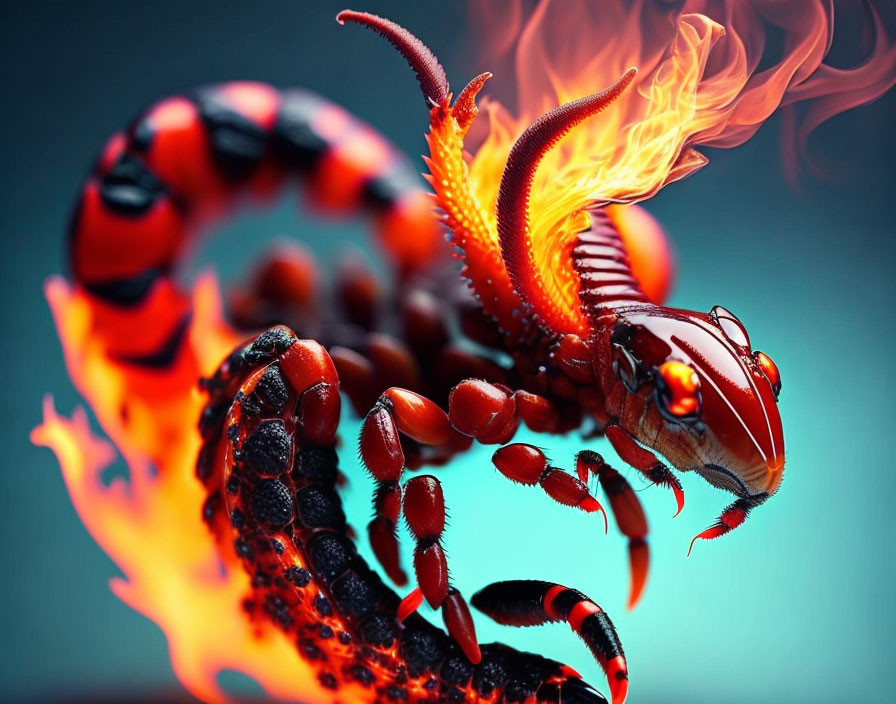 Vibrant stylized scorpion with flaming tail on teal background