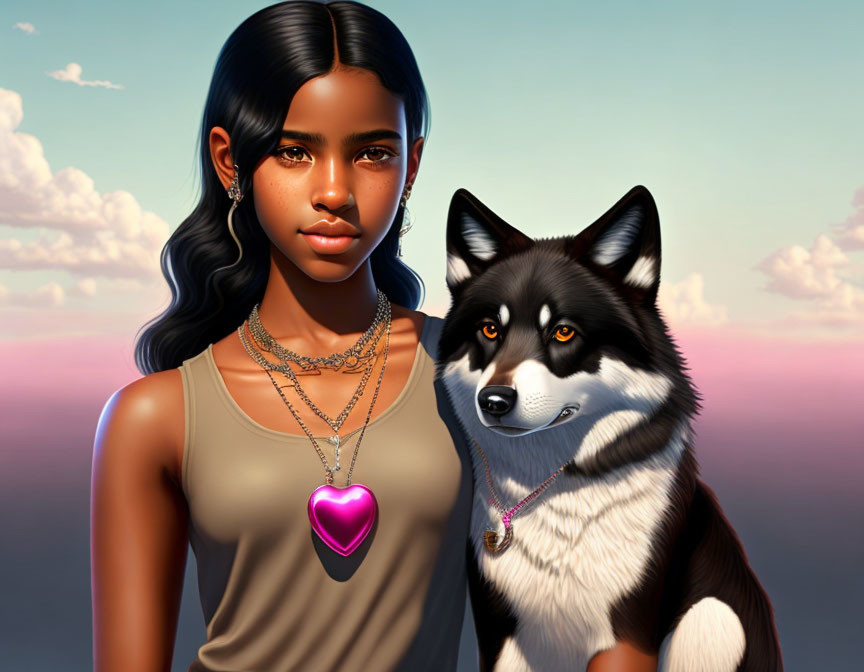 Digital illustration: Young woman with dark hair and husky wearing heart pendants at sunset