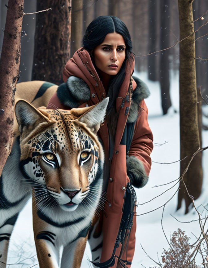 Woman in winter coat posing with large feline in snowy forest scene