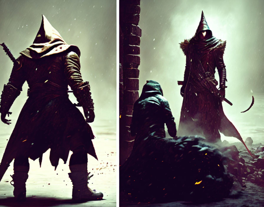 Cloaked figure in hooded robe with glowing backdrop and fallen character.