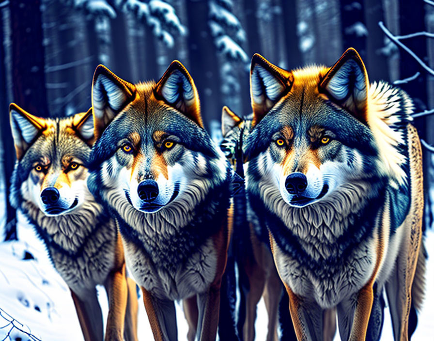 Three wolves in snowy forest with intense gazes and vibrant fur details