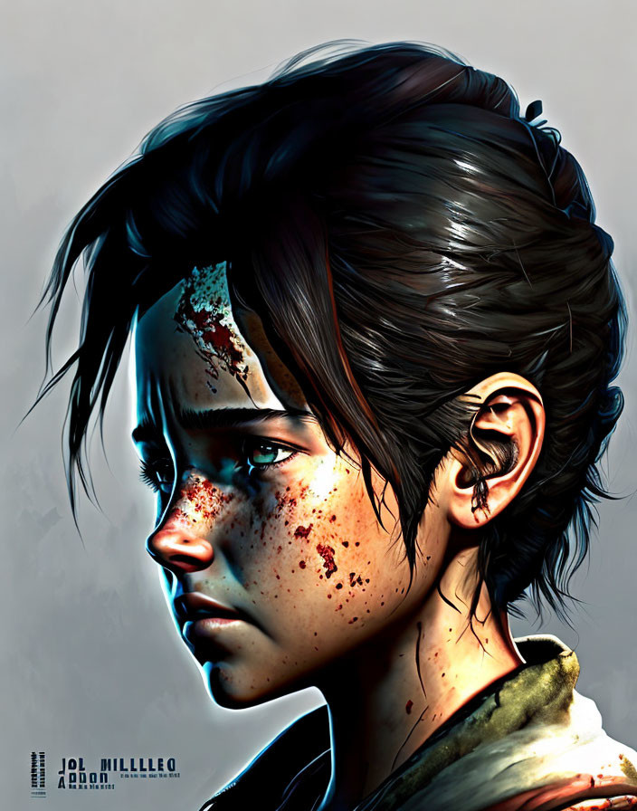 Young person with short dark hair and freckles in digital artwork