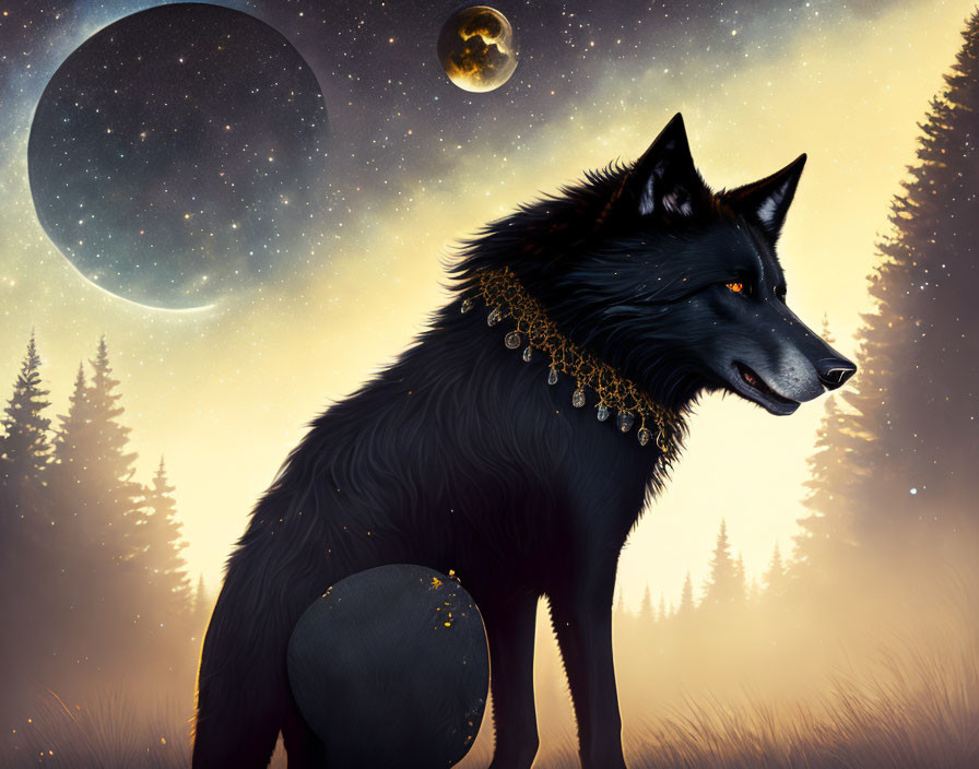 Black wolf with golden necklace in mystical forest under starry sky