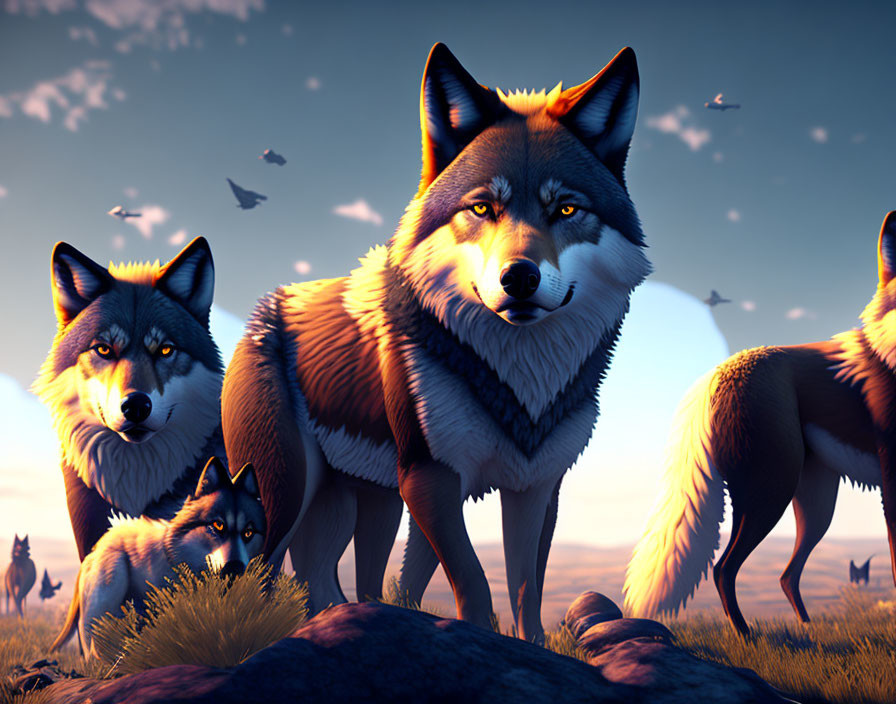 Realistic digital illustration: Wolves in natural setting at golden hour