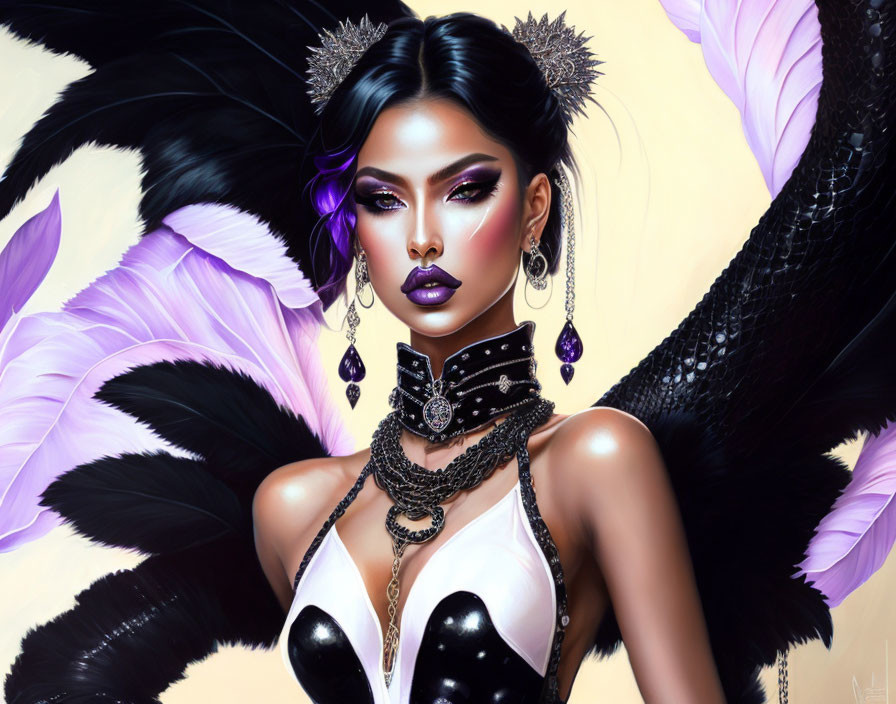 Digital Artwork: Woman with Striking Makeup, Black Feathers, Gothic Jewelry