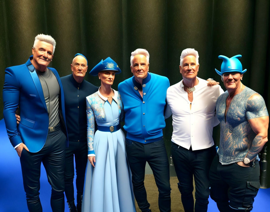 Group of six people in blue-themed attire, including two with shark hats