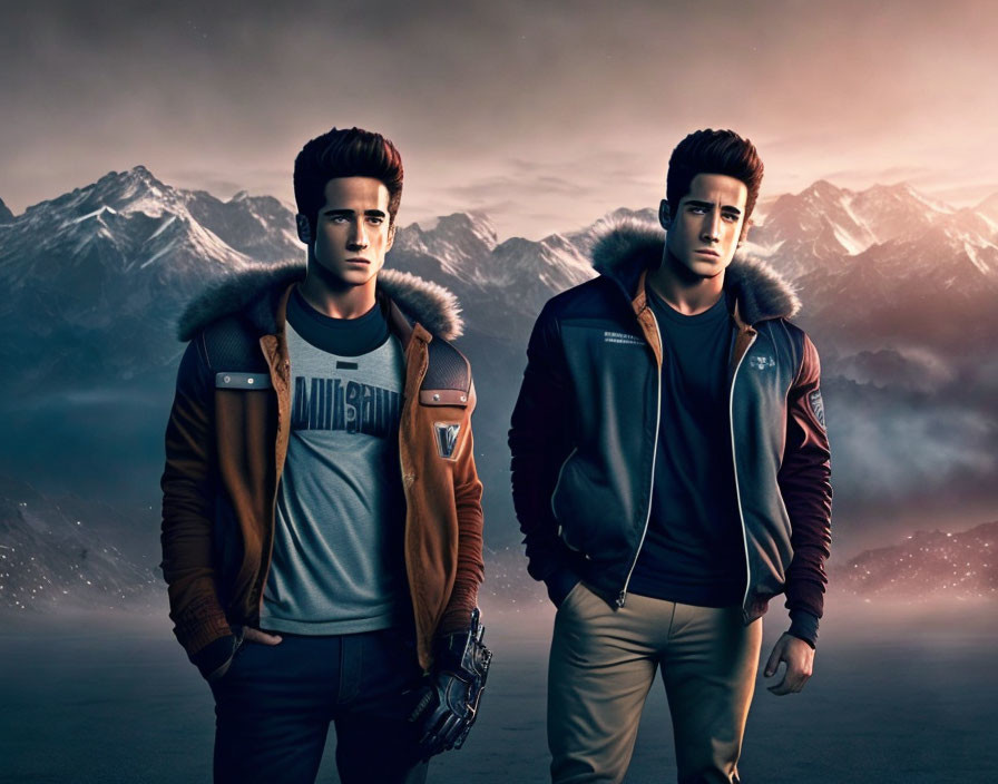 Stylized male figures in trendy outerwear against mountain backdrop