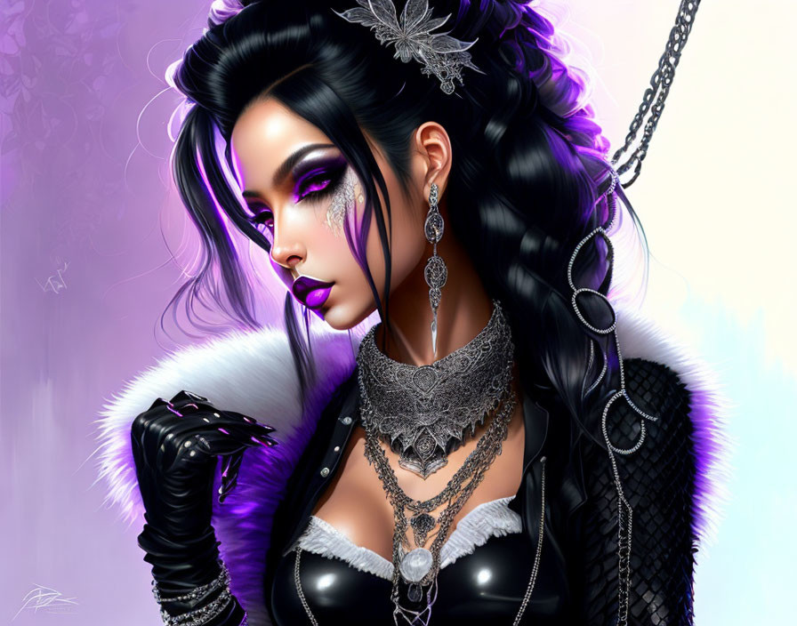 Gothic-inspired illustrated female character in elaborate attire with dark makeup and ornate jewelry.