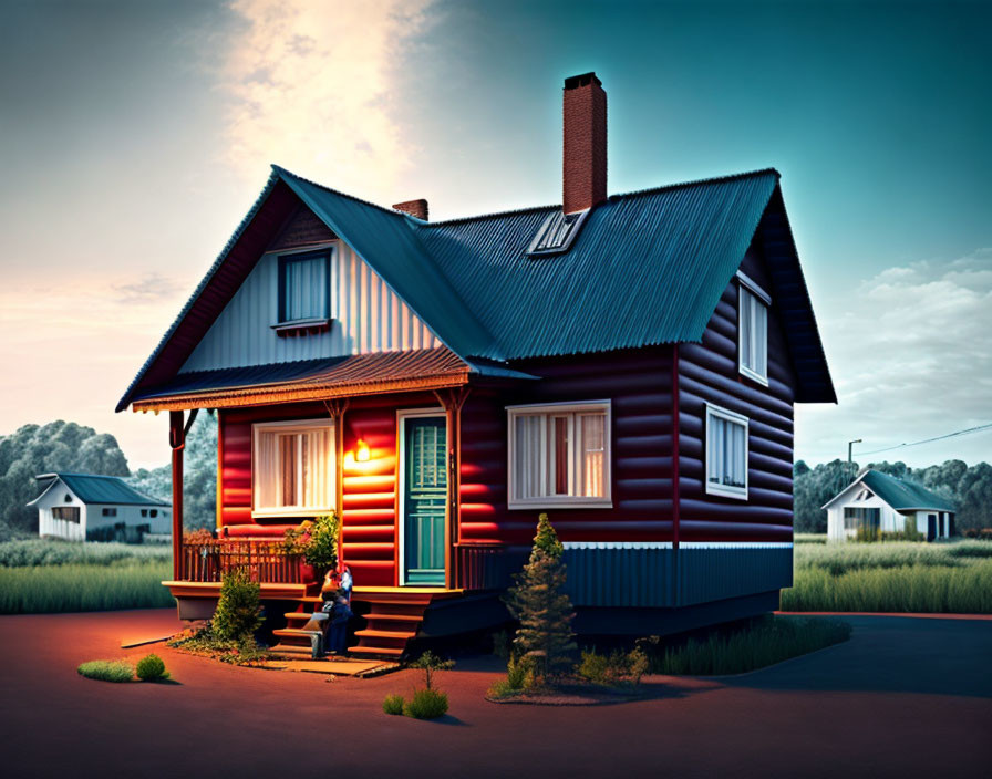 Blue-roofed two-story house with red walls at twilight, person on porch