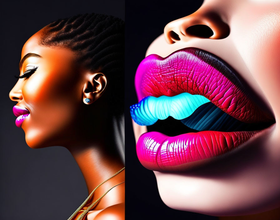 Woman with Cornrow Braids and Colorful Lipstick: Vibrant Lip Art Close-Up