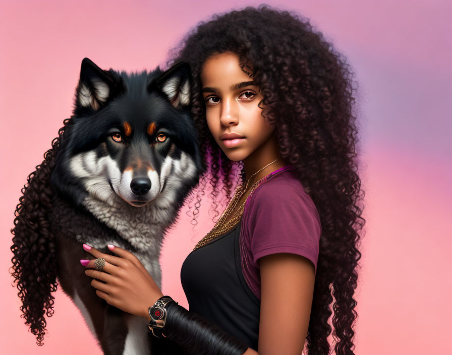 Curly-haired woman and husky pose against pink background