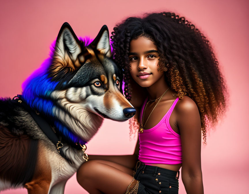 Curly-Haired Girl Poses with Husky on Pink Background