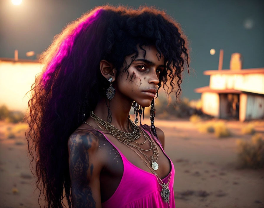 Curly-haired woman with tattoos in pink dress at desert twilight