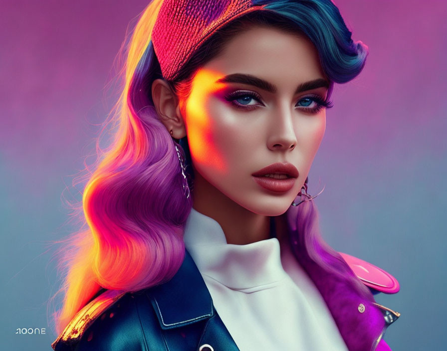 Vibrant blue and purple hair woman portrait with striking makeup and colorful outfit